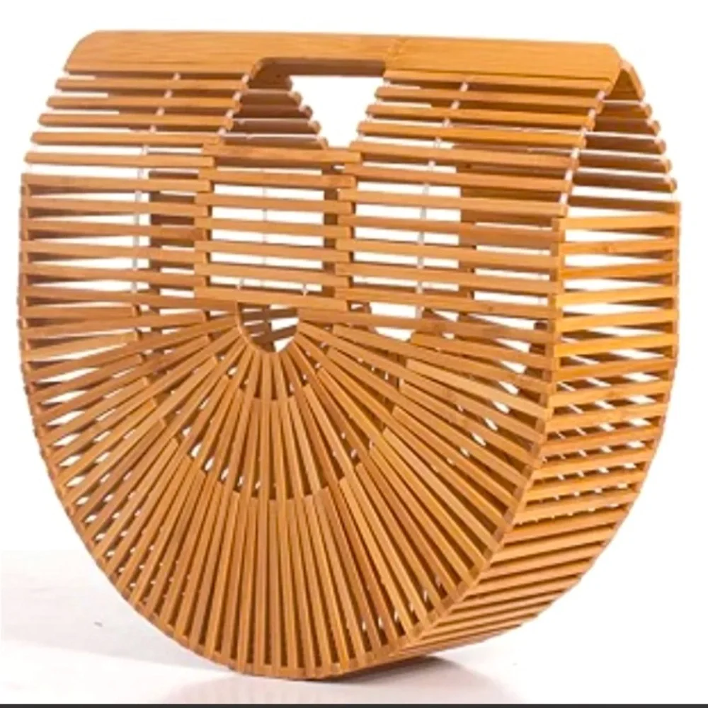 NWOT Bamboo Basket Handbag Natural Tan Woven Purse Summer Tote